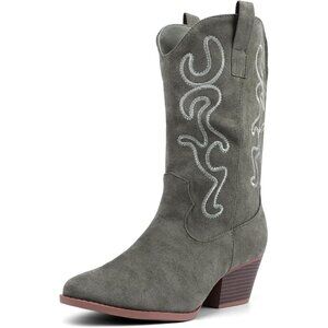 Women Oliver Suede Mid Calf Chunky Block Heel Western Embroidered Cowgirl Boot
